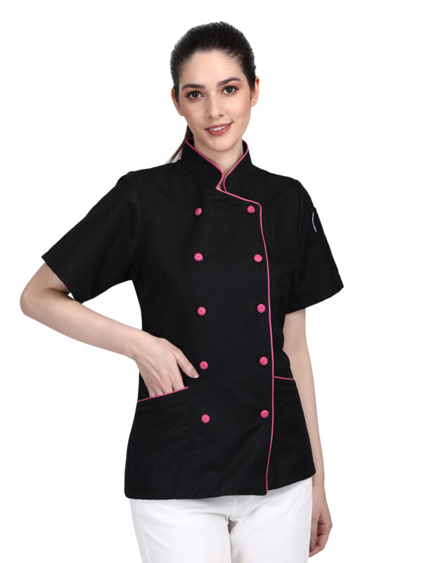 Long Sleeves Men women Kitchen Chef jacket coat Uniform costume for Food service Caterers and Culinary professional – Black Pink